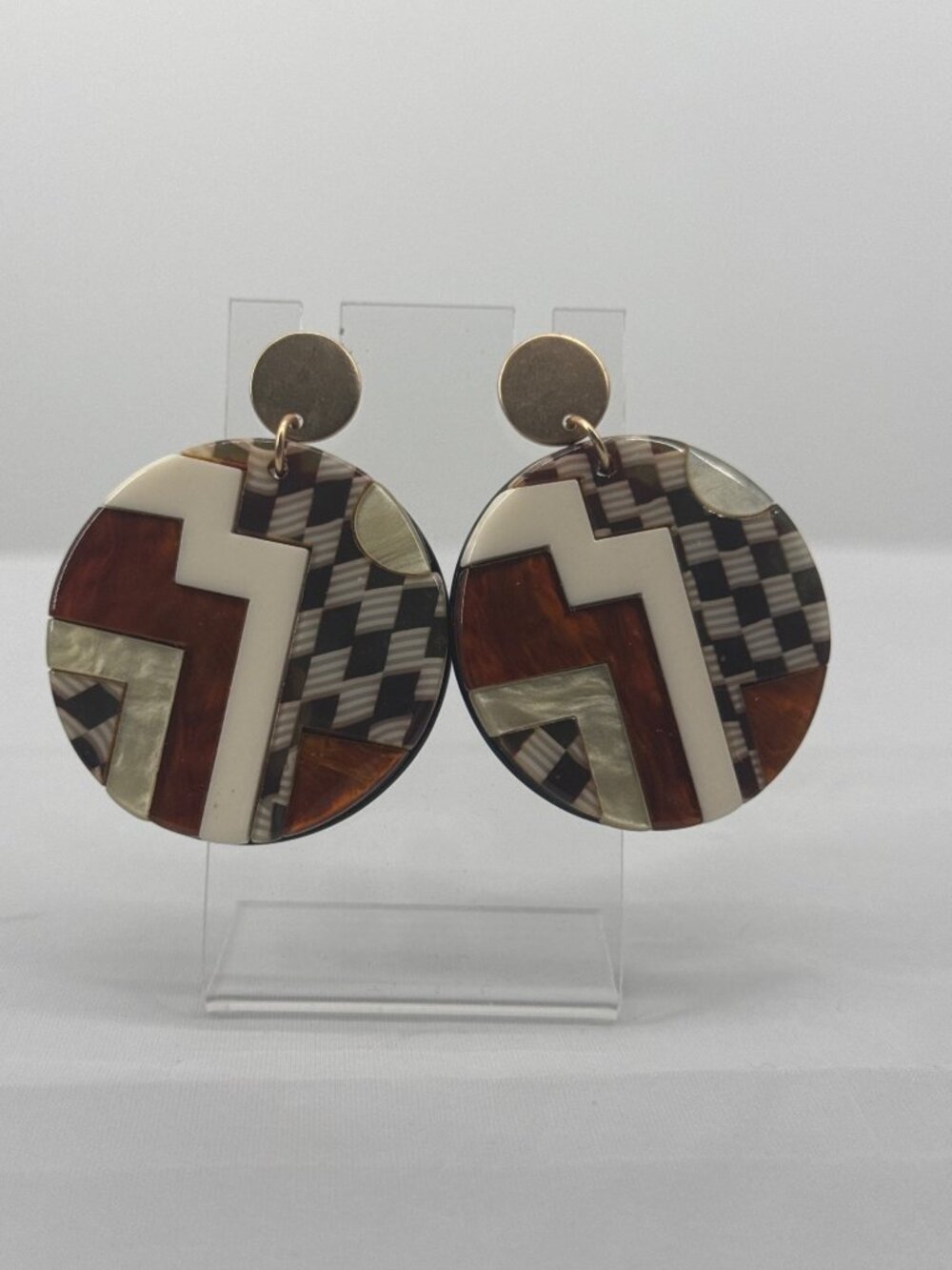 Mod Geo Resin Dangle Earrings Brown Ivory Checked Tribal Boho Statement